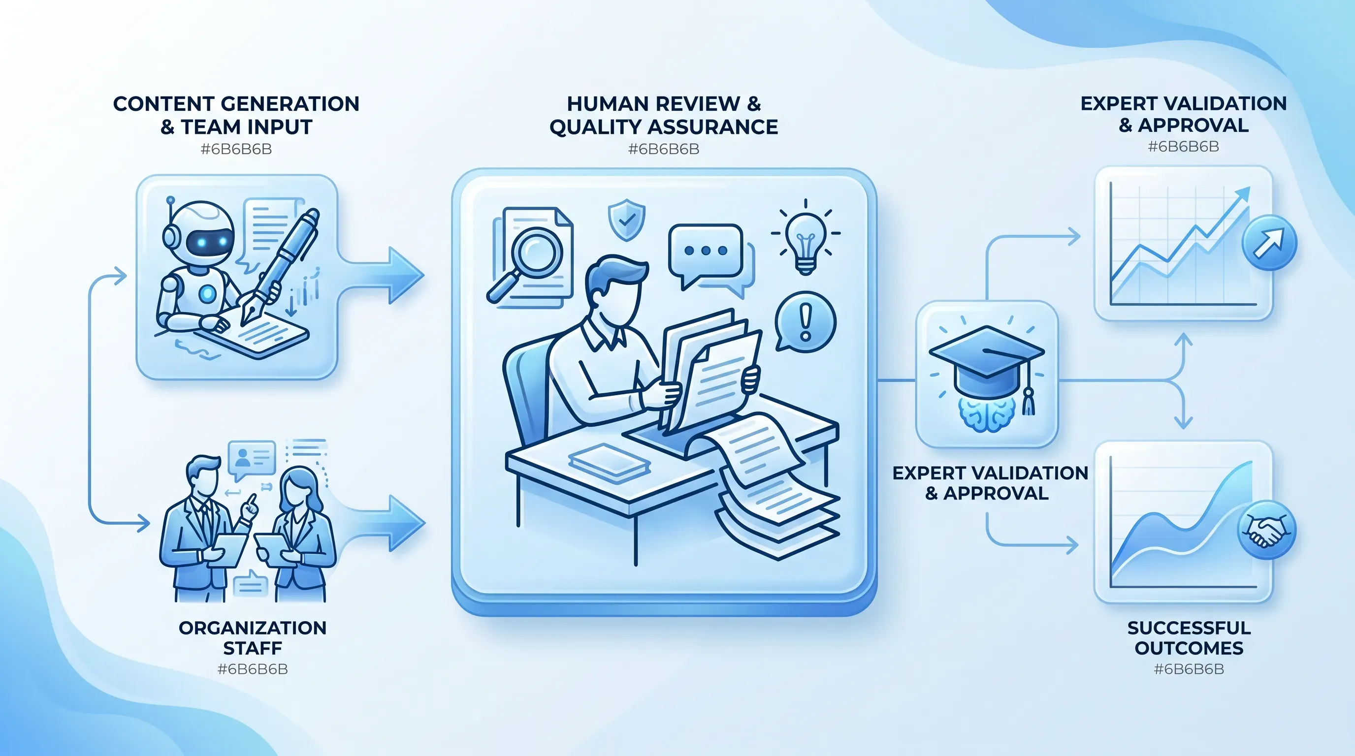 Infographic featuring a blue gradient with a central icon of a reviewer at a desk, surrounded by icons of AI, staff, and experts.